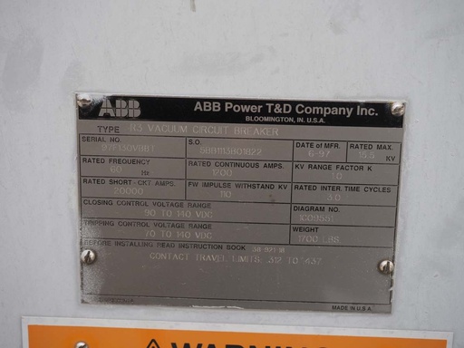 [045454] 1200 Amp, ABB, R3, 15.5 KV, VACUUM, 125VDC C+T, 20kA SHORT