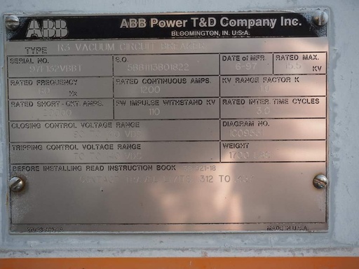 [045455] 1200 Amp, ABB, R3, 15.5 KV, VACUUM, 125VDC C+T, 20kA SHORT
