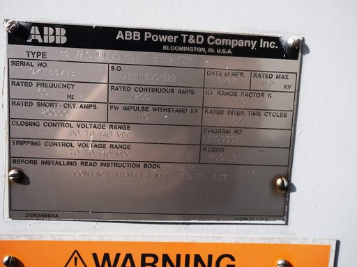 [045456] 1200 Amp, ABB, R3, 15.5 KV, VACUUM, 125VDC C+T, 20kA SHORT