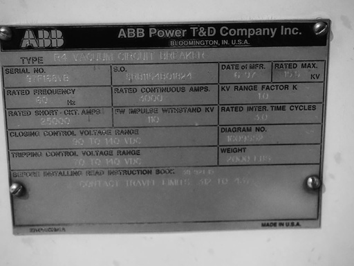 [045458] 3000 Amp, ABB, R4, 15.5 KV, VACUUM, 125VDC C+T, 25kA SHORT