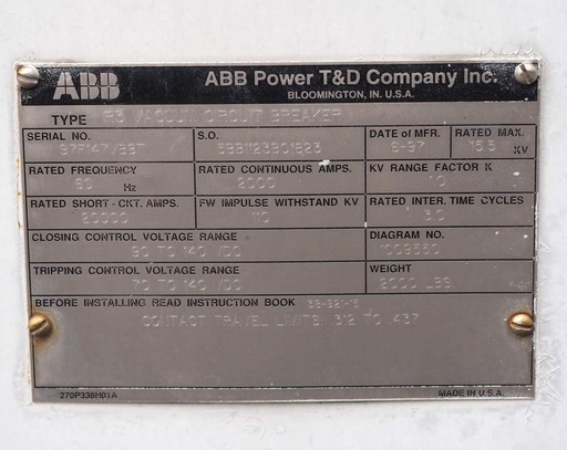 [045459] 2000 Amp, ABB, R-3, 15.5 KV, VACUUM, 125VDC C+T, 20kA SHORT