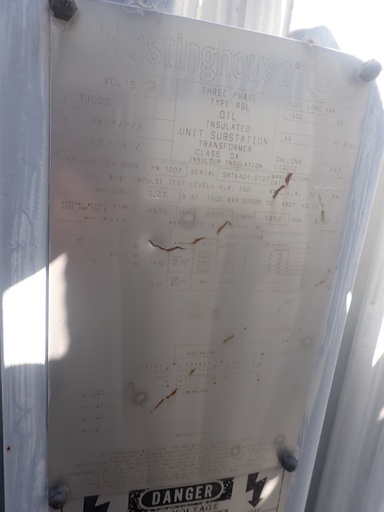 [045487] 1500 KVA, Pri 33000 D, Sec 480 Y, 1992, Westinghouse,
