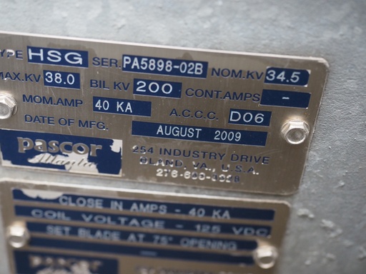 [045499] 1600 Amp, PASCOR ATLANTIC, No. A-7, 34500 V, 2009, Horizontal Mount, Side Break