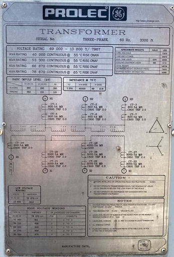 [045565] 40/53/66/76MVA, 69000 D, Sec 13800 Y, GE PROLEC SUBSTATION TRANSFORMER