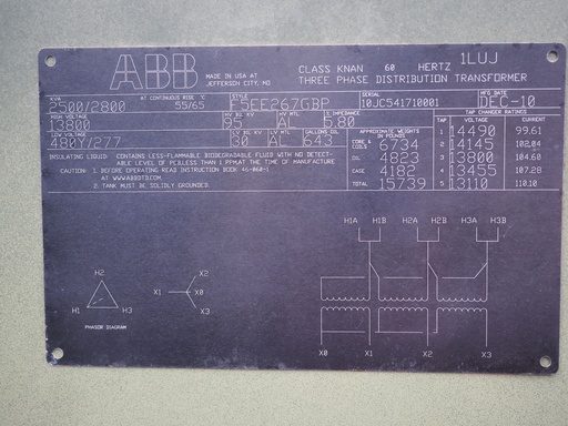 [045568] 2500 KVA, Pri 13800 D, Sec 480 Y, 2010, ABB, Dead Front Loop Feed,