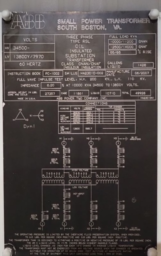[045569] 10000/14000 KVA, Pri 34500 D, Sec 138000 Y, 2007, ABB Substation Transformer