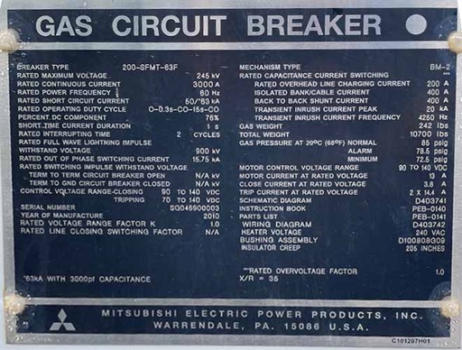 [045573] 3000 Amp, MITSUBISHI, 200-SFMT-63F, 245 KV, 50/63 KAIC GAS CIRCUIT BREAKER