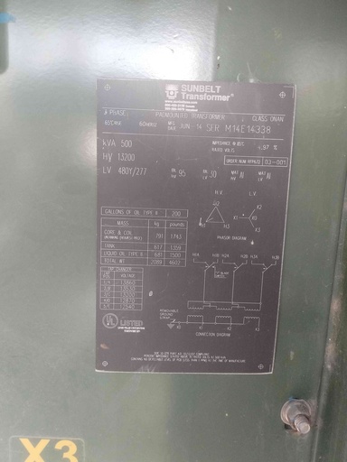 [045760] 500KVA, 13200D - 480Y Padmount Sunbelt Transformer, LF/LF with Selector Switch