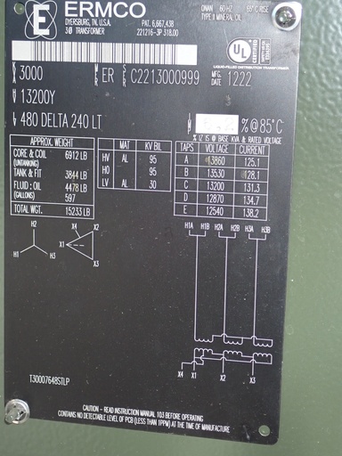 [045803] 3000 KVA 13200Y 480D, ERMCO, Dead Front, Loop Feed,