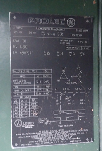 [045816] 750 KVA 13800D 480Y GE Prolec Transformer, Dead Front, Loop Feed