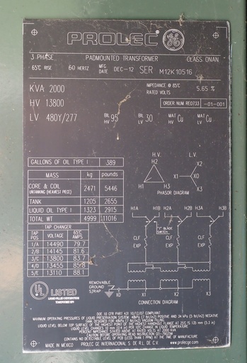 [045817] 2000 KVA 13800D 480Y GE Prolec Transformer, Dead Front, Loop Feed