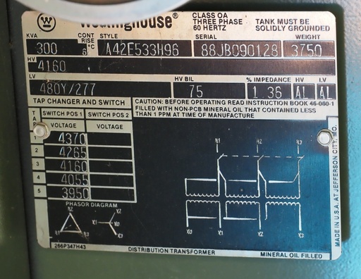 [045831] 300 KVA 4160D 480Y, Westinghouse, Dead Front, Radial Feed