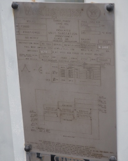 [045833] 2500 KVA, 13800D 4160Y/2400, Westinghouse, Mineral Oil