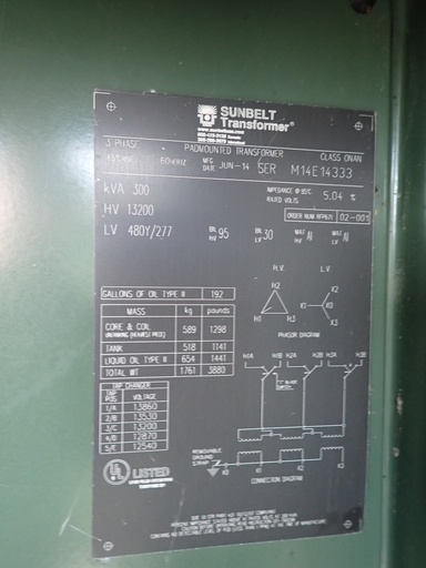 [045857] 300KVA, 13200D - 480Y Padmount Sunbelt Transformer, LF/LF with Selector Switch