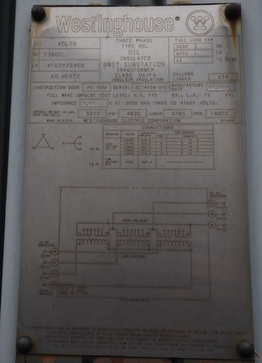 [045858] 5000/6250 KVA 13800D 4160Y/2400, Westinghouse