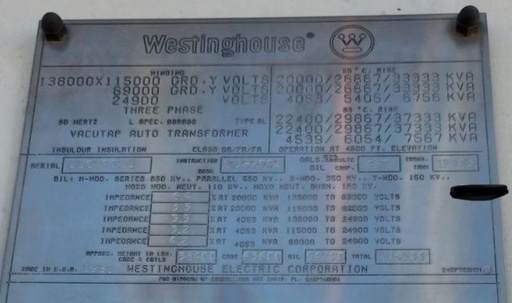 [045884] 20/26.6/33.3MVA 138KV x 115KV GRDY - 69000 GRDY Westinghouse Autotransformer with 24.9KV Tertiary