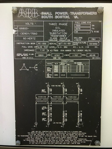 [045894] 7500 KVA, 68800D- 13090Y/7550 ABB Substation Transformer, Mineral Oil