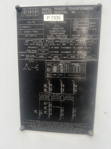 [045895] 5000 KVA, 68800D- 13090Y/7550 ABB Substation Transformer, Mineral Oil