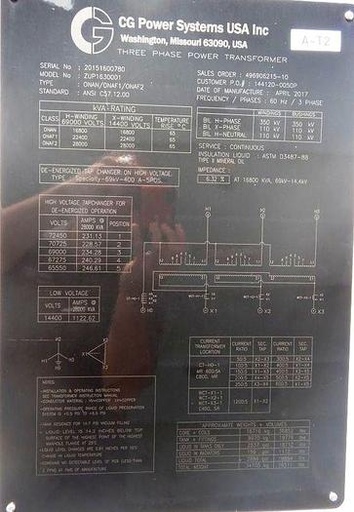[046003] 16/28 MVA 69KV Wye  - 14400 D GSU CG Power Systems Substation Transformer