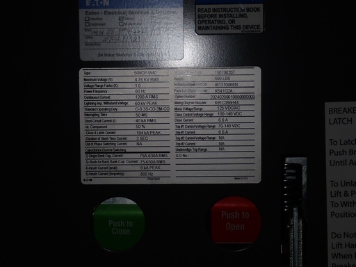 [046010] 1200 Amp 4.76 kV Eaton Vacuum Circuit Breaker, 50VCP-W40, 125 VDC C+T