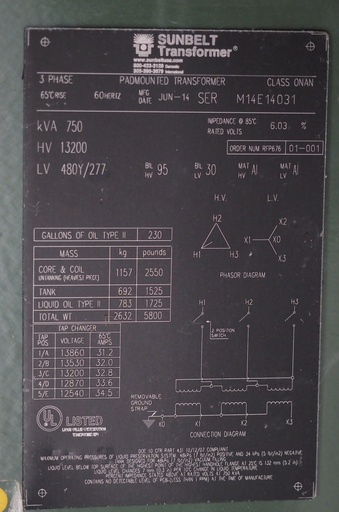 [046043] 750 KVA 13200D- 480Y/277 Sunbelt Pad-mount Transformer, Live Front, Radial Feed