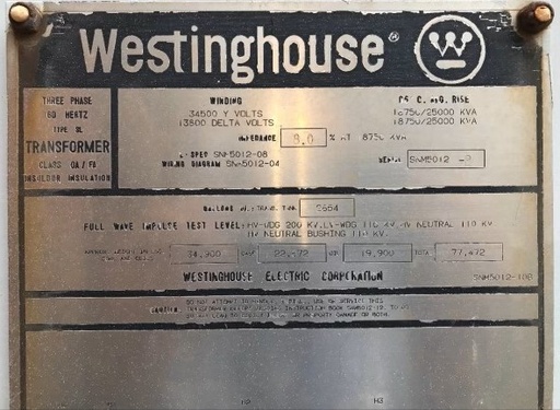 [046157] 18.75/25 MVA 34500Y - 13800D Westinghouse GSU Substation Transformer