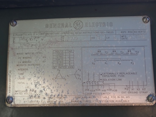 [046168] 1000 KVA 12470 Delta 480Y/277 GE Pad-Mount Transformer, LF/LF