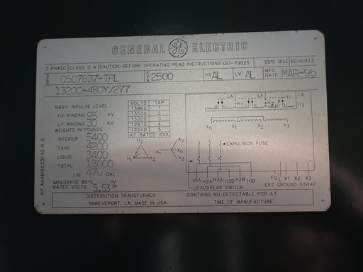 [046169] 2500 KVA 13200 Delta 480Y/277 GE Pad-Mount Transformer, DF/RF
