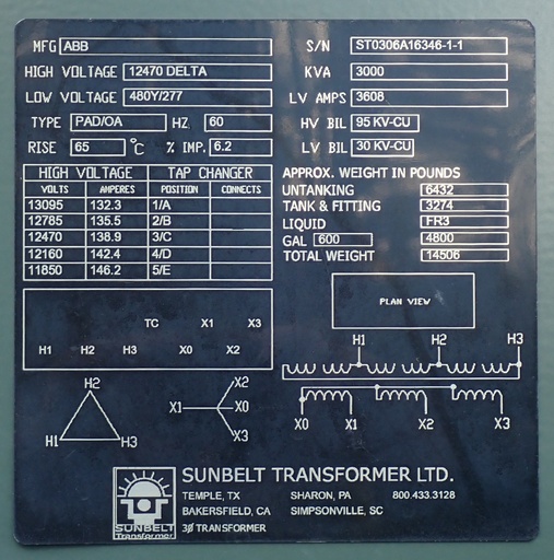 [046208] 3000 KVA 12470 Delta 480Y/277, ABB, DF/RF, FR3