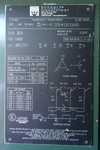 [046209] 2600 KVA 14400 D 480Y/277, Sunbelt Pad-Mount Transformer, DF/LF