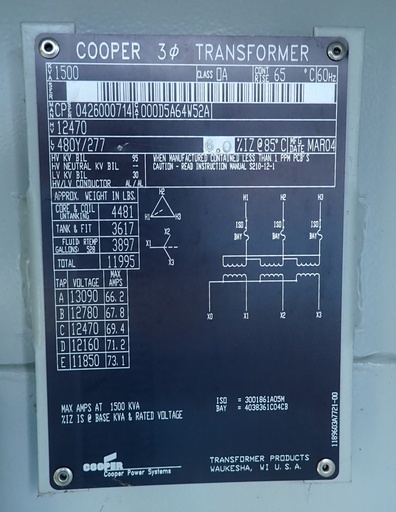 [046212] 1500 KVA 12470 Delta 480Y/277, Cooper Pad-Mount Transformer, DF/RF, R-TEMP