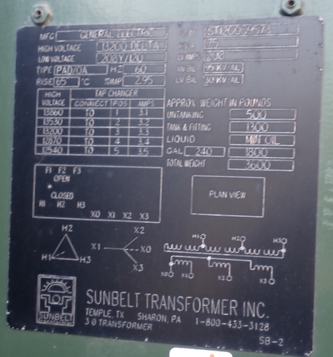 [046298] 75 kVA 13200 Delta 208Y/120 GE Padmount Transformer, LF/RF