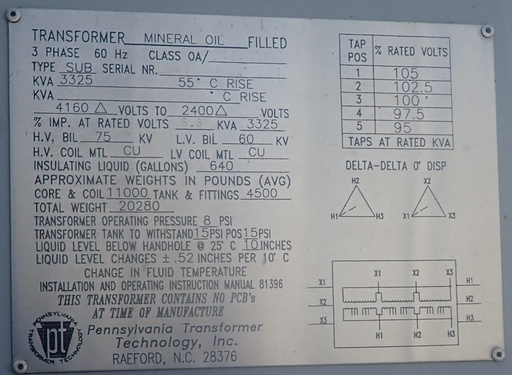 [046311] 3325 KVA Pennsylvania Transformer, 4160 Delta, 2400 Delta, Oil Filled