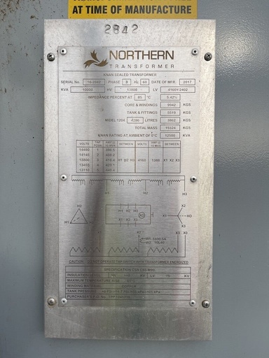 [046322] 10 MVA 13800D - 4160Y Northern Transformer Substation Transformer