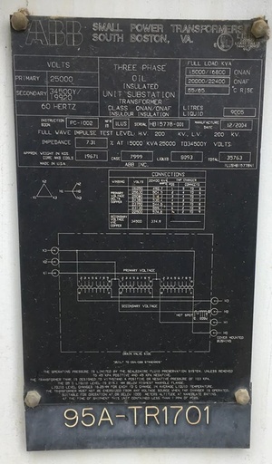 [046324] 15 MVA 25000D - 34500Y ABB Substation Transformer