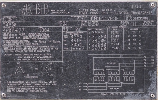 [046353] 1500 KVA 34500 Delta 480Y/277, ABB Substation, Bio-Temp