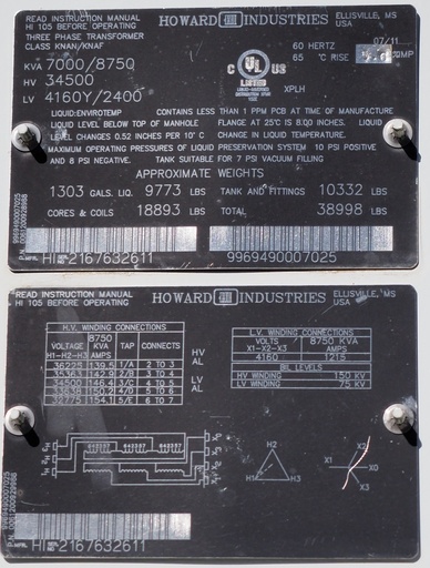 [046355] 7000/8750 KVA Howard Industries 34500 Delta 4160Y/2400, Envirotemp