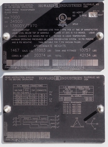 [046356] 7000 KVA Howard Industries 34500 Delta 13800Y/7970, Envirotemp