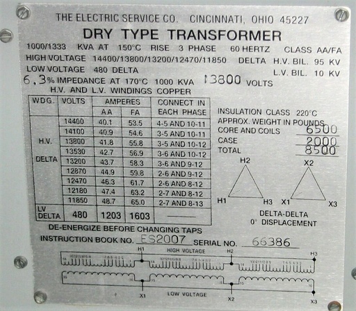 [046444] 1000 kVA 13200D - 480D Dry Type Transformer