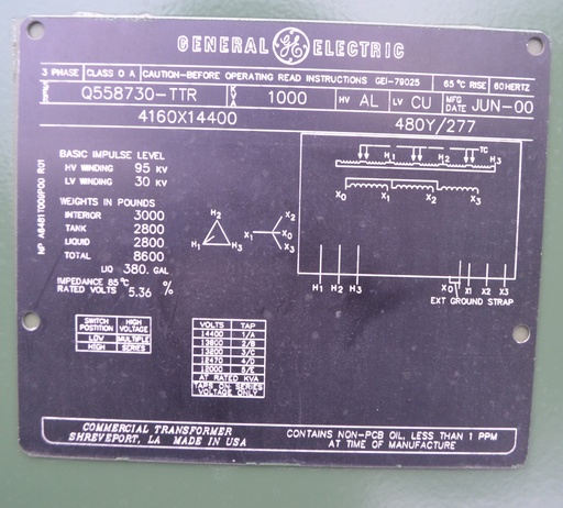 [046487] 1000 kVA 4160D x 14400D - 480Y GE Padmount Transformer