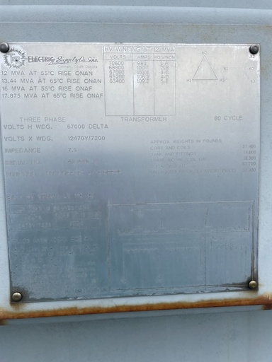 [046520] 12 MVA 67000D - 12470Y T&R Substation Transformer