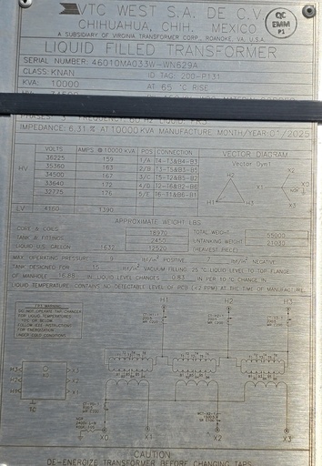 [046609] 10 MVA 34500 D - 4160Y/2402 Virginia Transformer Substation Transformer