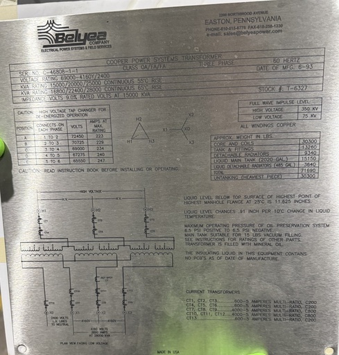 [046723] 15000/28000 KVA, Pri 69000 D, Sec 4160Y/2400, 1993, COOPER, COPPER:1