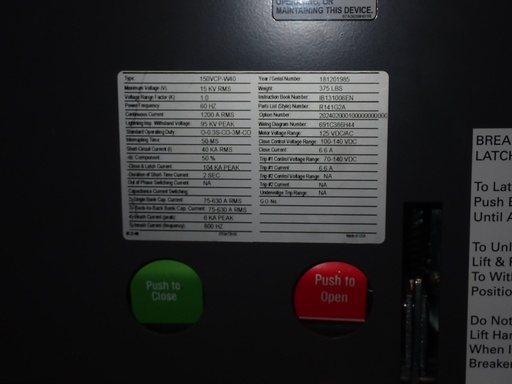 [046738] 1200 Amp 15 kV Eaton Vacuum Circuit Breaker, 150VCP-W40, 40 kA Short, 125/120 VDC/VAC Close and Trip