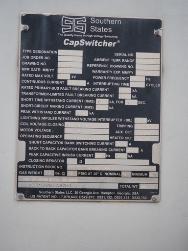 [046777] 600 Amp 72.5 kV Southern States CapSwitcher, CAP-72, 125 VDC C&T,