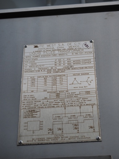 [046844] 2500 KVA 13800 D - 480 Y Virginia Transformer Substation Transformer