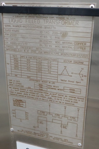 [046845] 2500 KVA 34500 D - 480 Y Virginia Transformer Substation Transformer