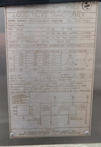 [046846] 2500 KVA 4160 D - 480 Y Virginia Transformer Substation Transformer