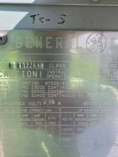 [046847] 15 MVA 67000D - 4160Y x 12470Y General Electric Substation Transformer