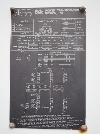 [046962] 12MVA  34400D - 13090Y ABB Substation Transformer